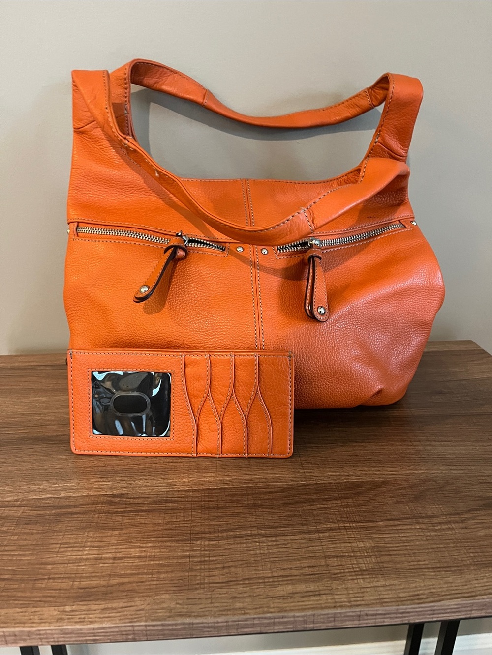 Tignanello Orange Leather Shoulder Bag with Matching Card Wallet